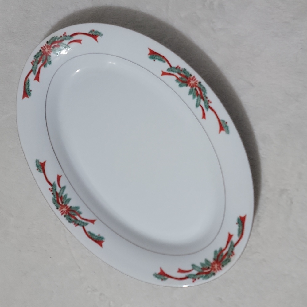 Vinatge Poinsettia and Ribbons Fine China Christmas Oval Platter